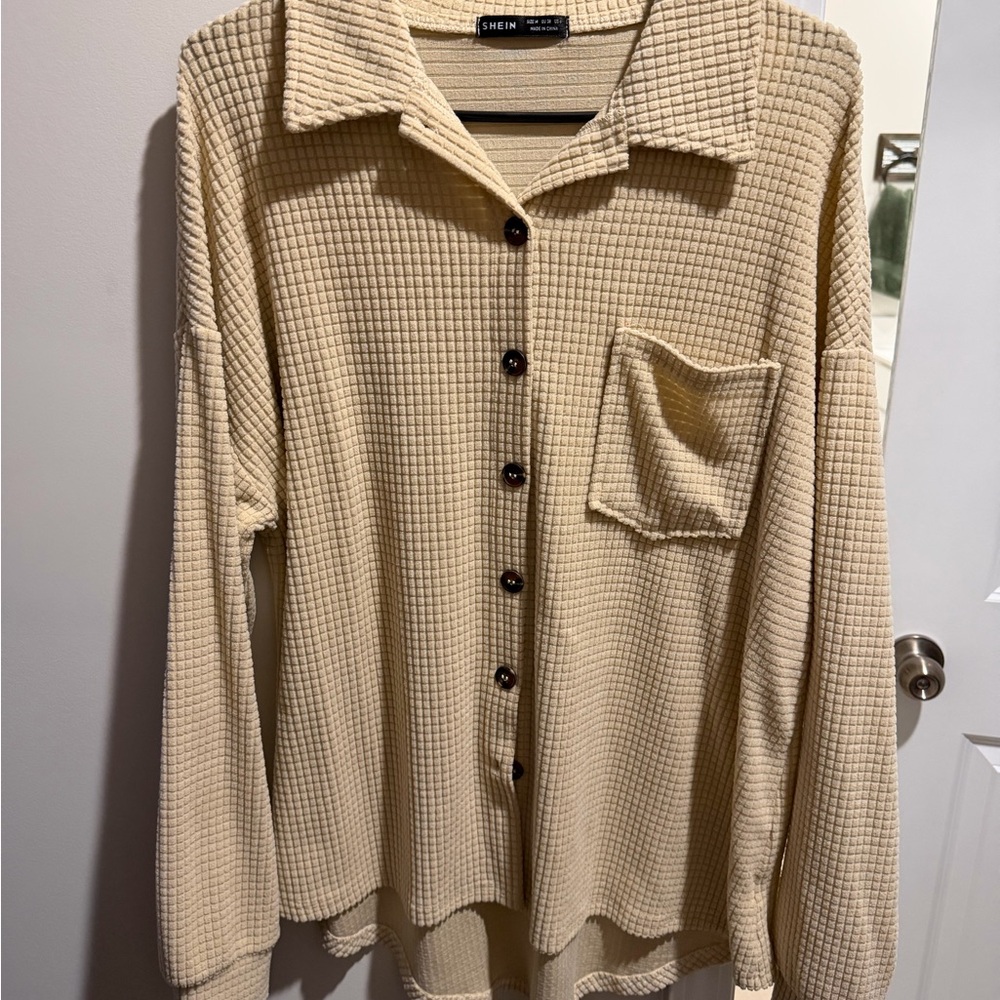 SHEIN Cream Waffle Knit Button-Up Top